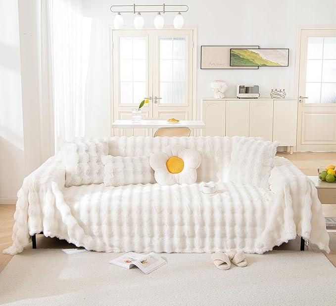 Soft Warm Faux Fur Sofa Cover Thick Shaggy Fuzzy Sectional Couch Cover Plush Fluffy Blanket Cover for Couch Sofa Bed(White,71" x 134")