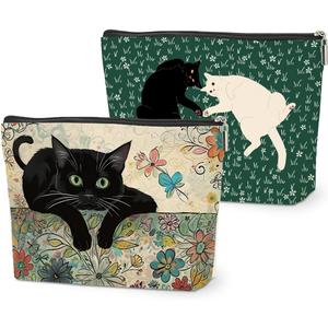 DETIGER 2 PCs Floral Cat Makeup Bag Cat Lover Gifts Cat Gifts Cosmetic Bag, Cat Mom Gifts Cat Themed Gifts for Women Best Friends Coworkers, Cute Cat Stuff Christmas birthday Gifts Zipper Pouch