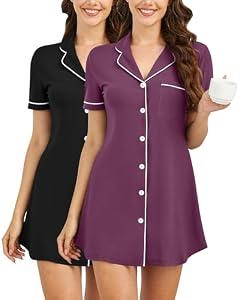 Breathffy 2 Pack Nightgowns for Women Button Down Sleepshirt Short Sleeve Sleepwear Soft Nightshirts V Neck Pajama Dress(Black, Dark Purple, X-Large)
