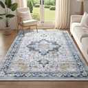 4x6 Vintage Area Rug for Bedroom Living Room, Washable Indoor Rug Non Slip, Thin Throw Floral Floor Low Pile Distressed Carpet for Bathroom Office Laundry Kitchen (Blue/Orange)
