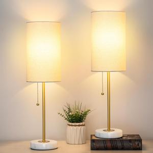 Bedside Table Lamp with Marble Base: Pull Chain Switch 3-Way Dimmable | Linen Fabric Shade & Golden Pole Small Nightstand Lamps 18.5 Inches for Bedrooms, Office, Dinning Room, Set of 2