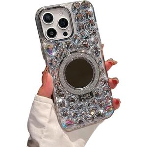 iFiLOVE for iPhone 17 Pro Max Case with Magnetic Mirror Stand, Compatible with MagSafe Luxury Bling Diamond Crystal Rhinestone Phone Case Cover for Girls Women (Clear)