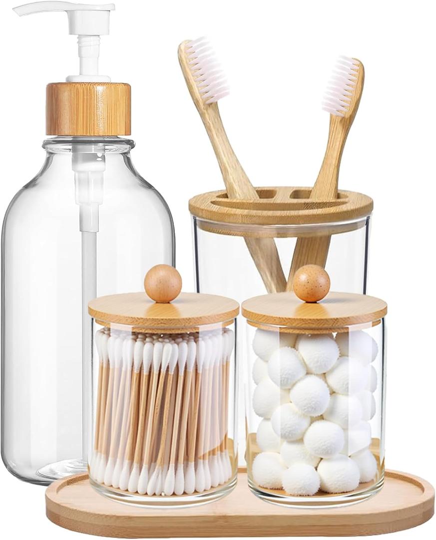 5 Pack Bamboo Bathroom Accessories Set with Tray - Plastic Soap Dispenser Clear Toothbrush Holder and 2 Qtip Holder Cotton Ball Container Jar