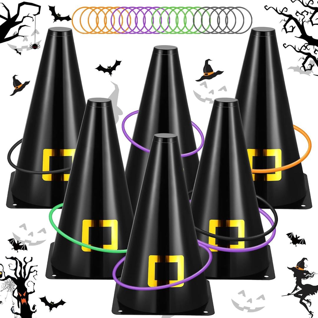 Jenaai 26 Pcs Halloween Ring Toss Game Outdoor Carnival Party Games Include 6 Plastic Cones 20 Toss Rings for Adult Family Garden Throwing Toy Supply