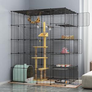 Large Cat Cage Indoor Cat Playpen Metal Wire Kennels Crate Ideal for 1-4 Cats, 54 L x 41W x 69 H Inch, Black