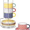 Selamica Ceramic Espresso Cups with Saucers and Metal Stand, 4 OZ Stackable Demitasse Cups for Latte Coffee Caf Mocha Tea, Set of 4, Assorted Colors