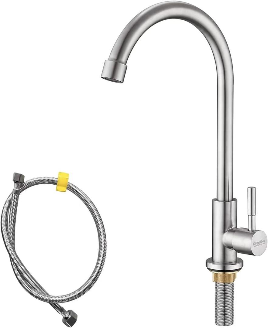 Cold Water Only Kitchen Faucet, Solid Stainless Steel Bar Deck Mount Cold Faucet for Outdoor Sink with Supply Line