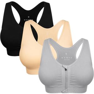 Women's Zip Front Sports Bra Wireless Post-Surgery Bra Active Yoga Sports Bras (X-Large, 3 Pack(black+flesh+light Gray))
