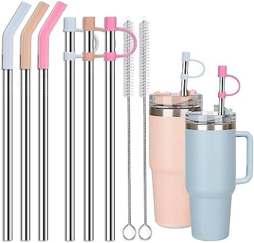 Jetstop Stainless Steel Straws with covers fit Stanley 40 oz tumbler, Reusable 12 Inch Metal Straw with Silicone Tips & Cover Caps, Compatible with Stanley Quencher H2.0 (6 Pack: 3 Bent + 3 Straight)