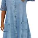 Denim Dress for Women 2026 Summer Casual Lace Trim Half Sleeve Blue Jean Dresses Button Down Shirt Dress Western Outfits (Blue, S)