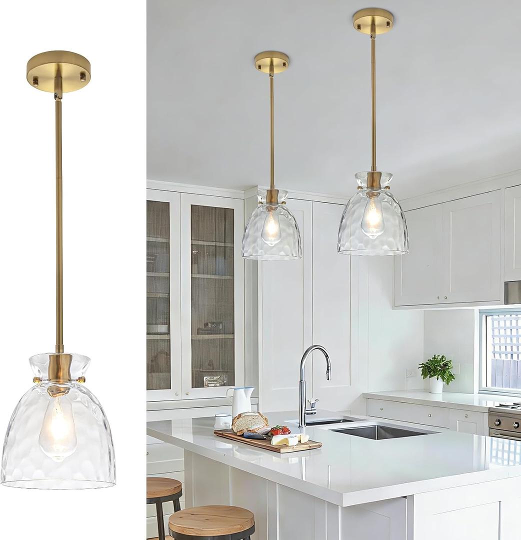 Modern Pendant Lights Kitchen Island, Gold Pendant Light with Hand-Blown Hammered Clear Glass, 7.5Inch Hanging Light Fixtures Brass Island Lights for Kitchen Sink, 1 Pack