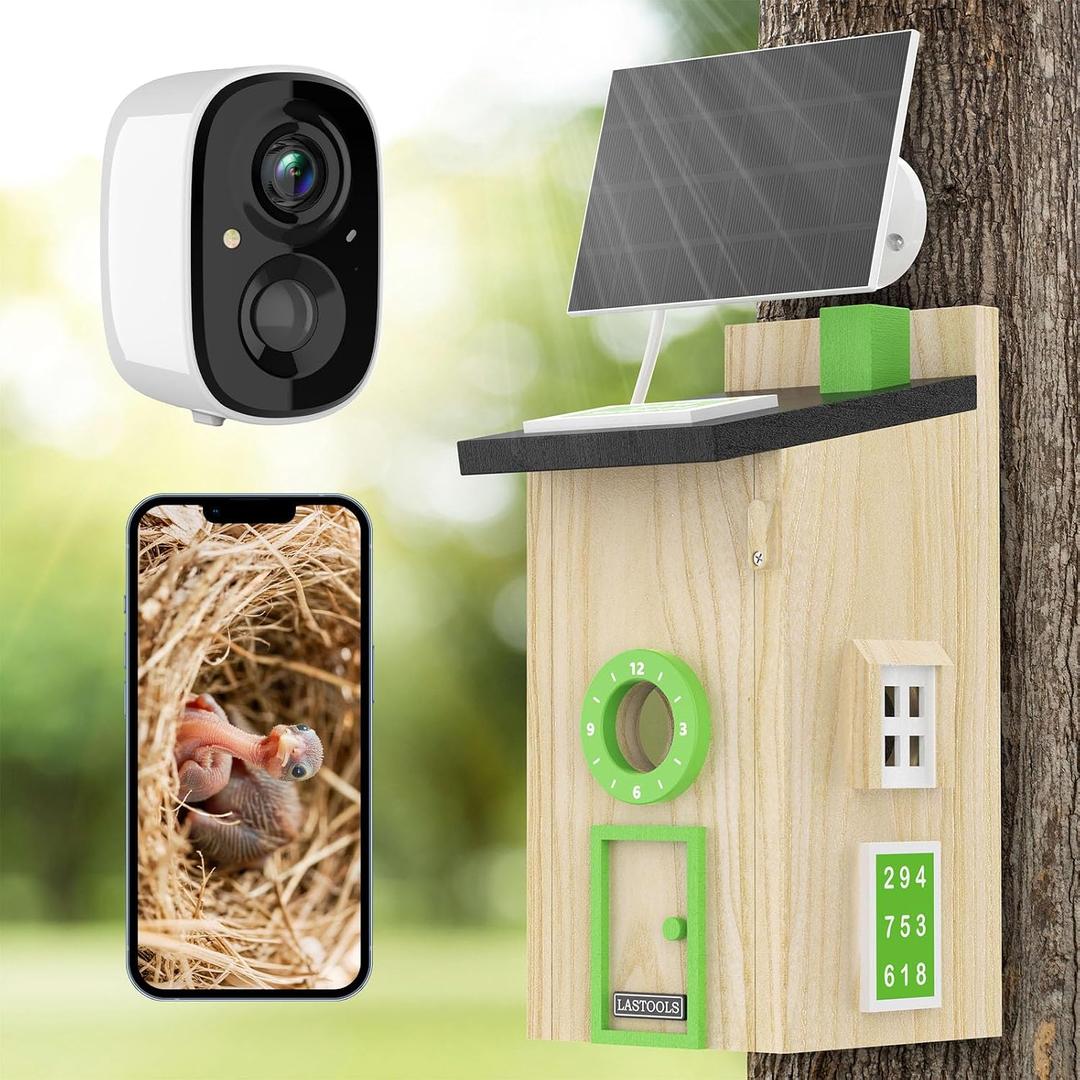 Solar Bird House with Camera - 2K HD Wooden Smart Birdnest Watch Birds Nesting & Hatching in Real Time, 2.4G WiFi with Camera Inside AI Identify Bird Behavior, Ideal Gift for Bird Lovers