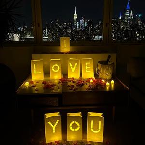 WYMM I Love You Light Up Letters with Tea Lights Candles and Rose Petals Included - Luminary Paper Bags to be Used as Anniversary Decorations and Valentines' Day Decorations for Your Loved One, Pack of 30