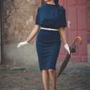 AISIZE Women's Vintage 1940s Half Collar Batwing Cape Party Pencil Dress (XX-Large, Navy Blue)