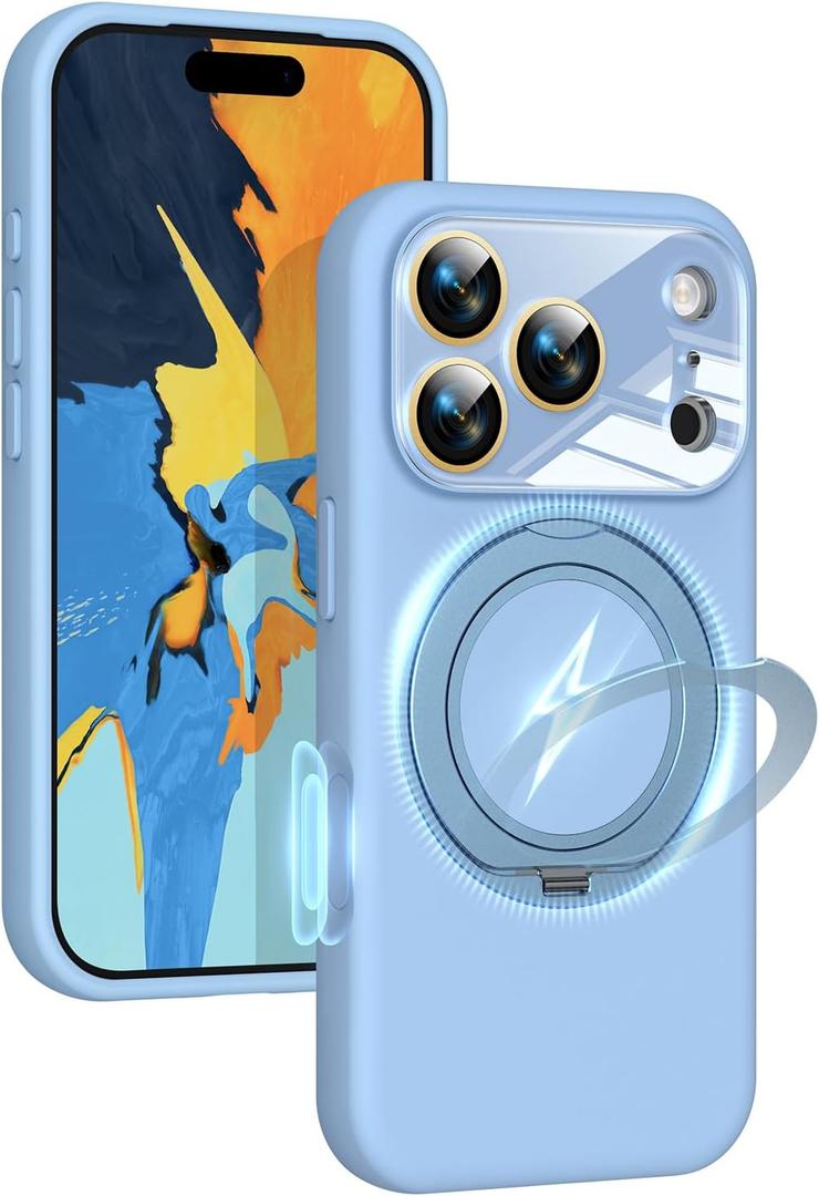 Silicone 360 Spin Magnetic Stand Case for iPhone 17 Pro, [Compatible with Mag-Safe][Reinforced Hard Camera Protection] Liquid Silicone Rubber Phone Case Cover with Ring, Camera Button, Sky Blue
