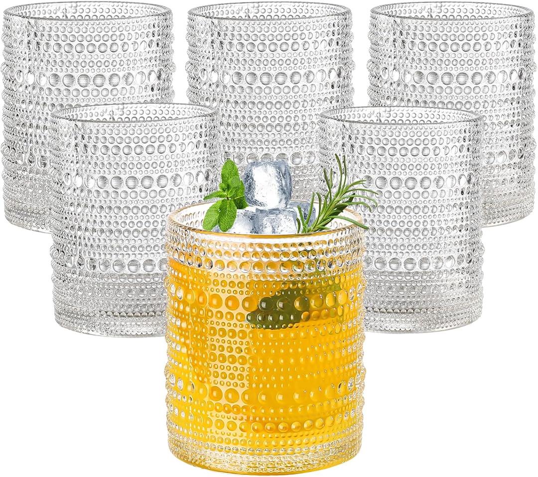 Amyoole 12oz Hobnail Drinking Glasses Set of 6,Clear Vintage Glassware Embossed Water Tumbler,Cocktail Glass Cups for Beer,Whiskey,Juice and Various Mixed Drinks