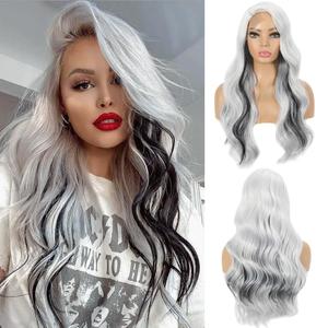 Long Black and White Wavy Wig for Women Lace Front Wig Natural Wave Synthetic Wig for Cosplay Party Use