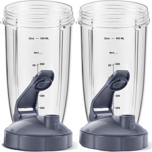 MEET JUICE 2-Pack 32oz Replacement Cups with Flip-Top To-Go Lids & Gaskets (4-Inch Diameter) ;Compatible with NutriBullet 600W/900W Series;NOT for Magic Bullet,Lean, RX