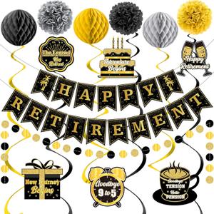 Retirement Party Decorations Black Gold Happy Retirement Banner with Paper Pom Poms Honeycomb Balls Hanging Swirl and Glitter Circle Dot Garland for Men Women Employee Farewell Going Away Party Decor