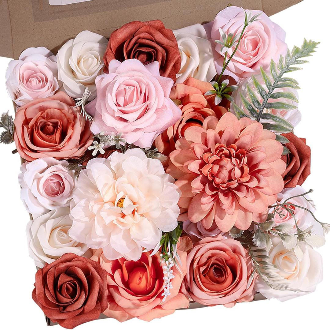 Terracotta Artificial Flowers Burnt Orange Flowers Combo Box Set with Fake Dahlias Roses Peonies Greenery for Wedding Bouquets Bridal Shower Centerpieces DIY Home Decor Baby Shower Thanksgiving Table