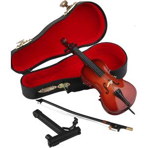 Wooden Miniature Cello with Stand, Bow and Case Mini Musical Instrument Cello Replica Collectible Figurines Dollhouse Accessories Model Home Decoration Display Ornament (5.51"x1.97"x0.63")