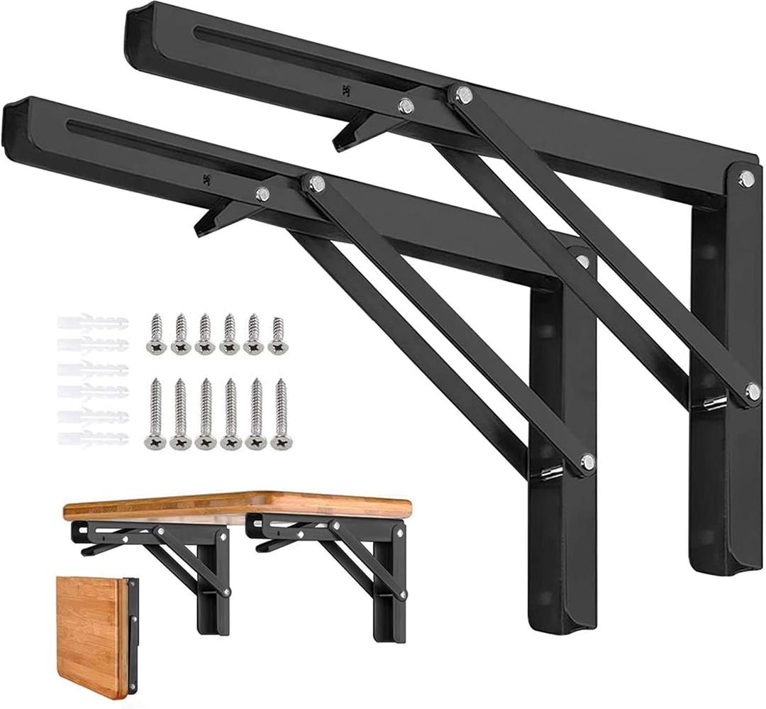 Folding Shelf Brackets - 16 Inch 2 Pcs Heavy Duty Stainless Steel Collapsible Triangle Shelf Bracket, DIY Wall Mounted Folding Table Hinge, Space Saving for Bench Table with Screws
