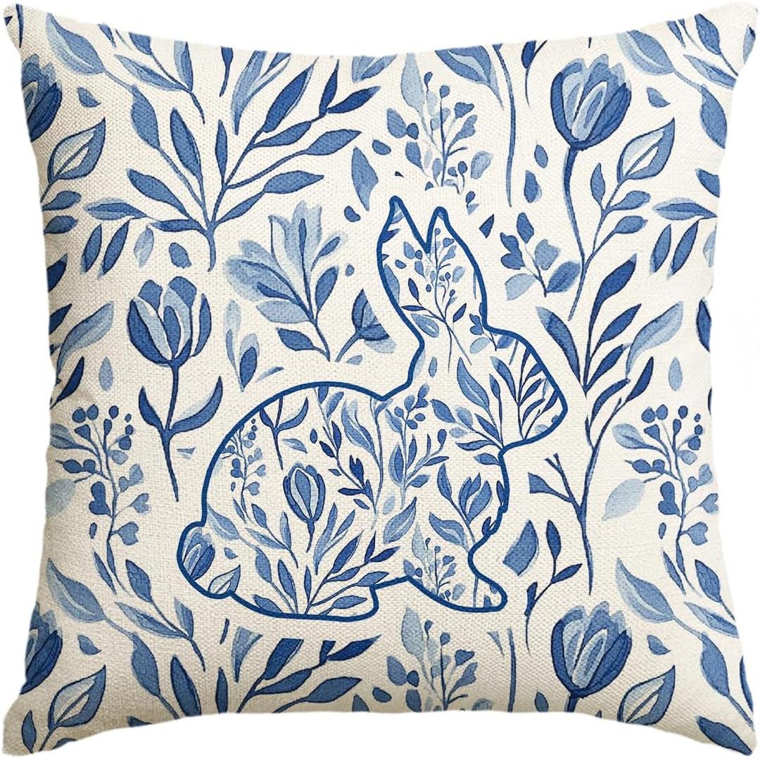 AVOIN colorlife Easter Bunny Blue and White Throw Pillow Cover, 18 x 18 Inch Eucalyptus Leaves Flower Cushion Case Decoration for Sofa Couch