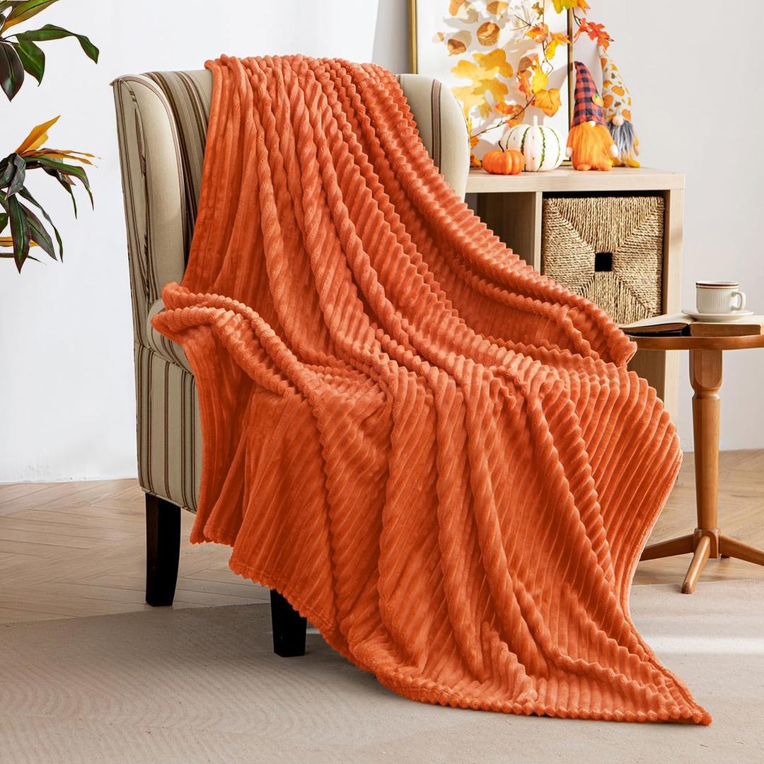 MIULEE Burnt Orange Fleece Throw Blanket for Couch 300GSM Super Soft Lightweight Plush Striped Throws, Warm Cozy Breathable Ribbed Blanket for Bed/Sofa, Twin Size 60"x80"