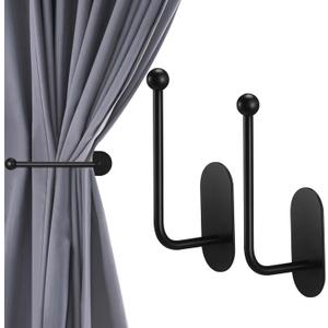 2 Pcs Adhesive Curtain Holdbacks No Drill Curtain Holdbacks Curtain Tie Backs Retro Window Hook for Drapes Home Decor (Black)