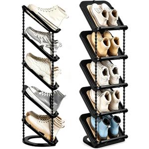 2 Pack Sloping Narrow Shoe Rack 5 Tiers - Free Standing Vertical Shoes Racks for Small Spaces and Corner, Shoe Storage Organizer for Entryway, Tall Slim Shoe Shelf Cabinet for Shoes Boots - Black