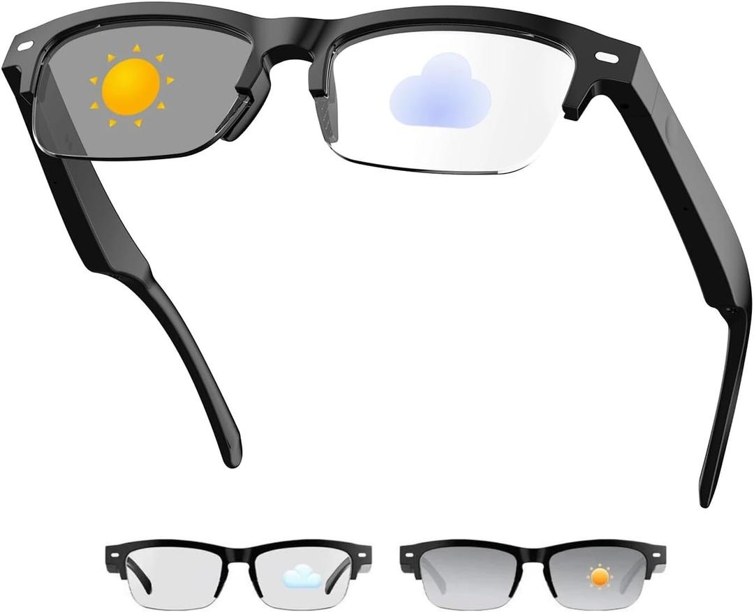 Smart Glasses, Blue Light Bluetooth Glasses with Half Frame Design, Color-Change Lenses, Open-Ear Speakers, Intelligent Control, Bluetooth Eyeglasses for iPhone Android Music/Calls