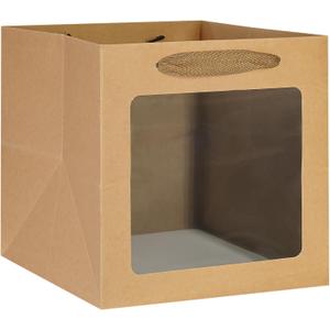 KEYYOOMY Brown Square Kraft Paper Gift Bags with Window- Small Square Bottom Gift Bag with Handles Party Favor Bag for Wedding Party Birthday Christmas (12 CT, 6x6x6 In)