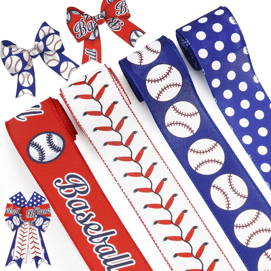 Baseball Wired Edge Ribbon for Gift Wrapping 2.5 Inch Red Blue Craft Ribbon Wired Fabric Ribbon for Sport Events DIY Bow Wreath Wrapping Supplies,2.5"*5 Yards, 4 Rolls Style B