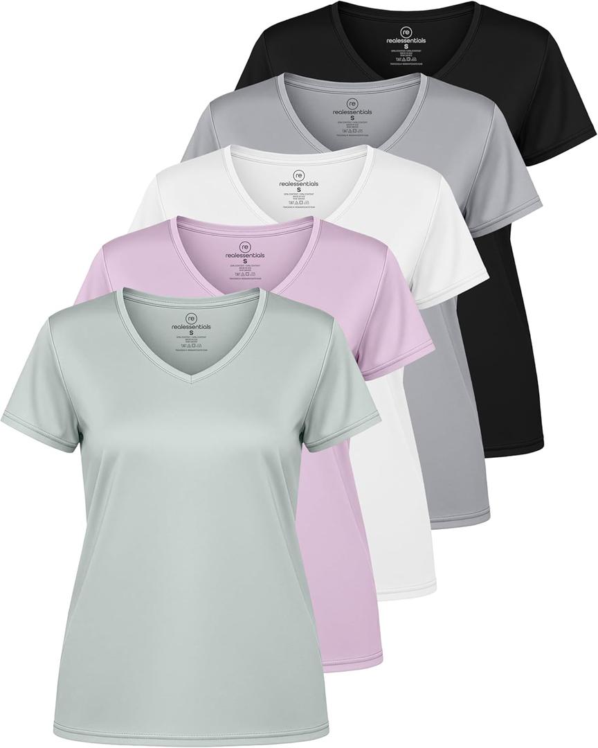 Real Essentials 5 Pack: Women's Dry-Fit Short Sleeve V Neck T Shirt Workout Fitness Yoga Top Tee  (Medium)