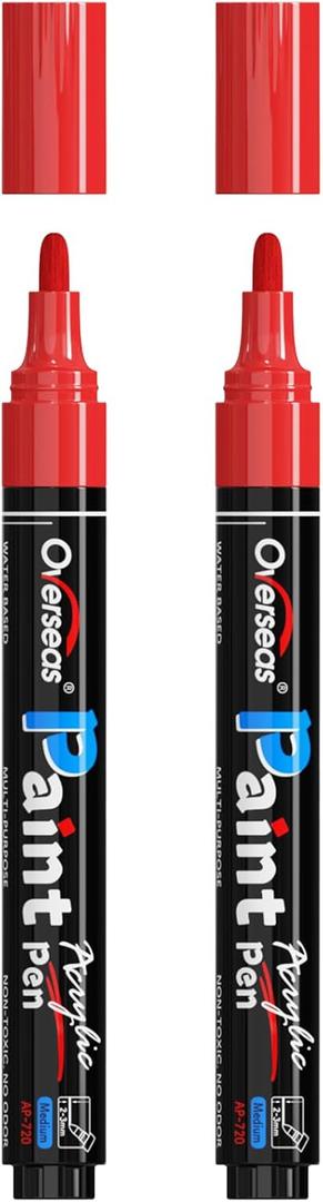 Overseas Red Paint Pens Paint Markers - Permanent Acrylic Markers 2 Pack, Water Based, Quick Dry, Waterproof Marker Pen for Rock, Wood, Plastic, Metal, Canvas, Glass, Fabric, Mugs. Medium Tip