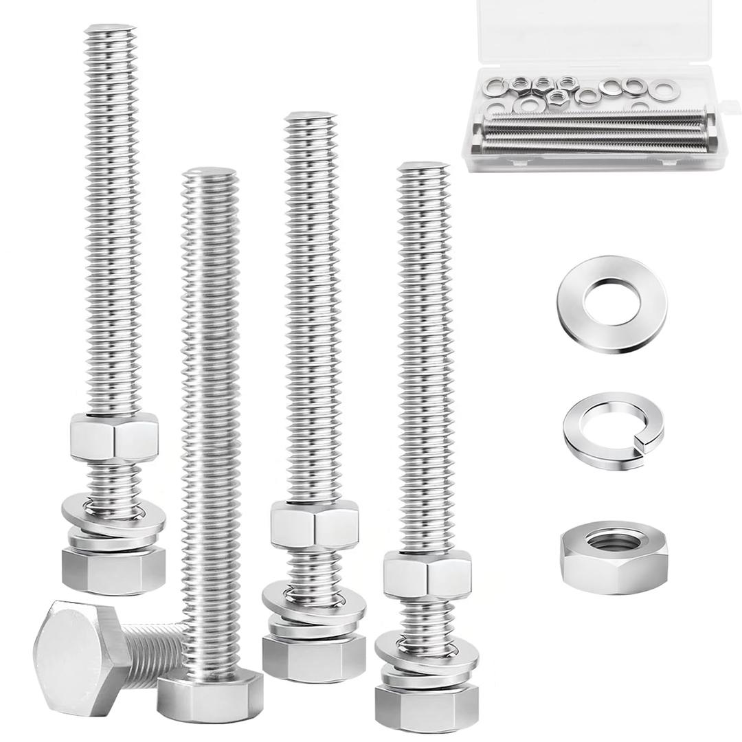 4 Sets 3/8-16 x 5" Stainless Steel Hex Head Screws Bolts, Nuts, Flat & Lock Washers,18-8(305) Full Thread (Silver)
