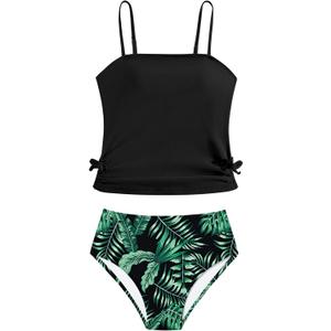 Girls Tankini Swimsuits Two Piece Bathing Suit Drawstring Swimwear Set for Girls(Green, 11-12Y)