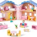 Giant bean Exquisite Pink Wooden Dollhouse for Girls with 2 Dolls and 12pcs Wooden Furniture,Foldable and Portable Pretend Play House Set with Handle, Christmas Birthday Gift for Girls Kids Age 3+