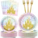Justforjoyful 200Pcs Princess Castle Birthday Party Supplies Watercolor Pastel Rainbow Plates and Napkins Gold Glitter Tableware Set for Fairytale Baby Shower Party Decorations for 50 Guests