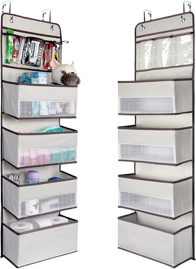 NesTidy Over The Door Organizer Storage, Wall Mount Hanging Organizer with 4 Large Capacity Pocket Organizers and 3 Small Pockets for Baby Essentials, Toys, Cosmetics, and Sundries (Beige, 1 Pack) (5 Layer)
