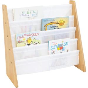 Humble Crew 4-Tier Kids Bookshelf, Natural Wood/White - Premium Book Shelf for Kids Rooms with Four Deep Pockets - Toddler Sling Book Rack with Deep Sleeves, Nursery Bookcase Organizer Humble Crew 4-Tier Kids Bookshelf, Natural Wood/White - Premium Book Shelf for Kids Rooms with Four Deep Pockets - Toddler Sling Book Rack with Deep Sleeves, Nursery Bookcase Organizer