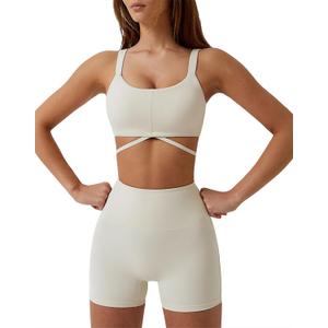 ABOCIW Workout Sets for Women 2 Piece Twist Front Halter Sports Bras High Waist Biker Shorts Exercise Gym Yoga Outfit (Medium)