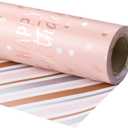 LeZakaa Reversible Pink Birthday Wrapping Paper Roll for Girls Women, Happy Birthday Lettering & Stripe Pattern with Metallic Foil in Pink, Mini Roll, 17 inches x 32.8 Feet (46.45 sq.ft.)