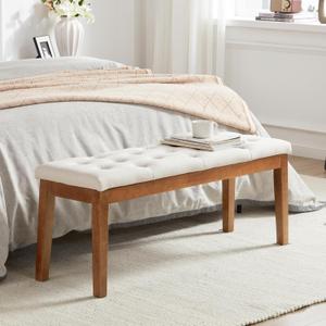 Ottoman Bench Upholstered Padded Seat with Solid Wood Legs and Button-Tufted, Faux Leather Ivory