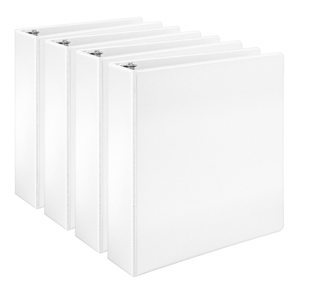 2-inch 3 Ring Binder with 2 Interior Pockets, Heavy Duty 2" Round Ring Binder Holds 450 Sheets of US Letter Size 8.5'' x 11'' Paper for Office/Home/School (White,4-Pack)
