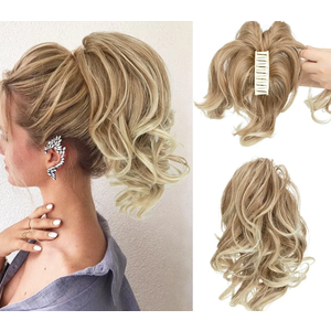 CJL HAIR Claw Clip Short Ponytail Hair Extensions DIY Bendable Metals Messy Bun Hair Piece for Wonen Wavy Curly Synthetic Fake Hairpieces Gloden Blonde and Beach Blonde Tips