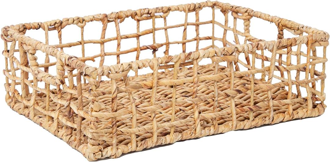 YRMT Water Hyacinth Storage Basket Wicker Baskets for Organizing Hollow Woven Basket with Built-in Handles for Shelves/Pantry 16" x 12" x 5.5" Natural