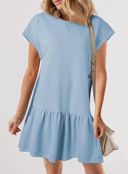 BLENCOT Womens Summer Dresses Casual Cap Sleeve Spring Ruffle Mini Sporty Sweatshirt Trendy Tshirt Dress
