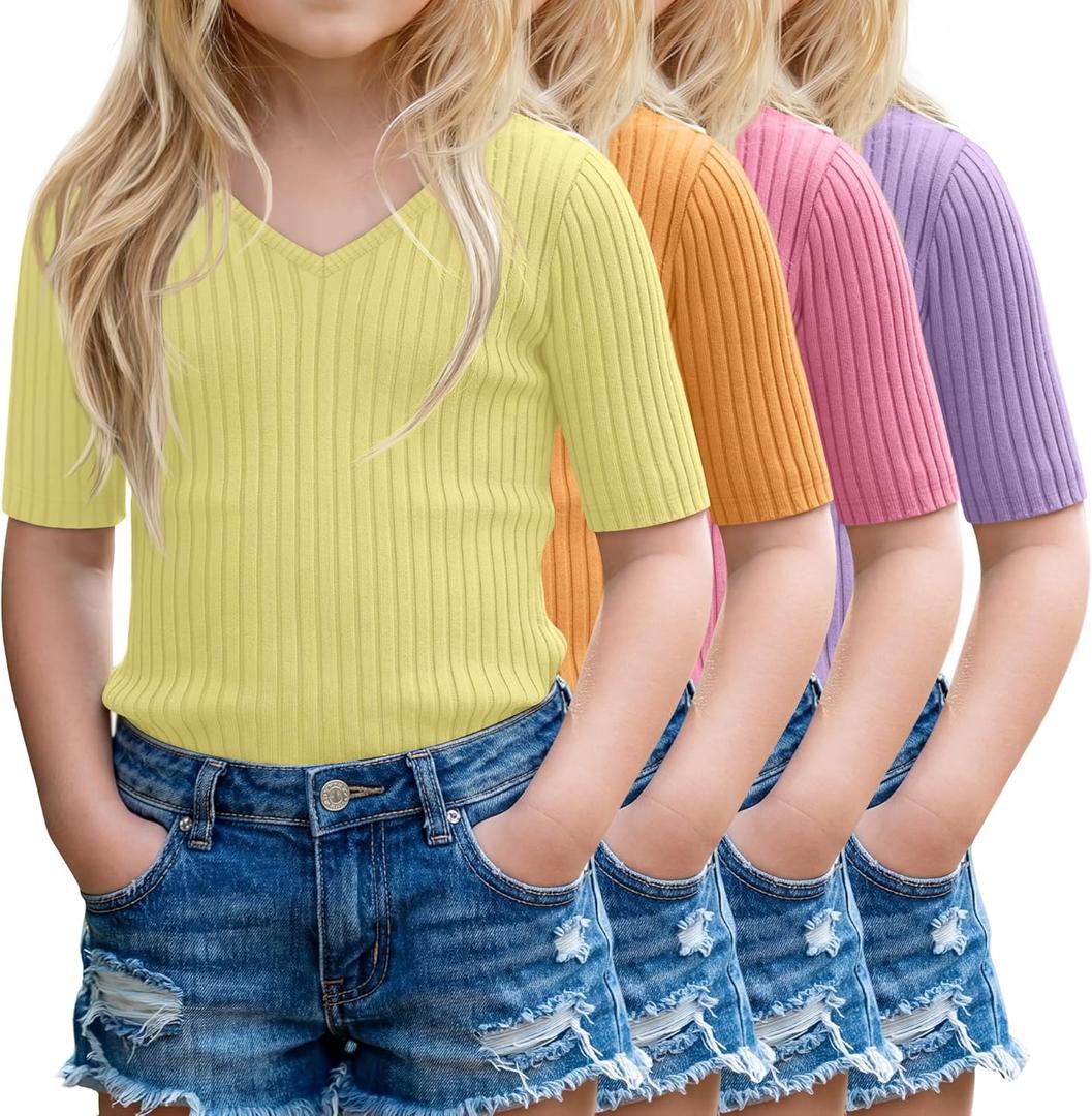 4 Pack Girls Half Sleeve Tops V Neck Slim Fit Ribbed Knit Shirts Short Sleeve Basic Casual Solid Summer Tees