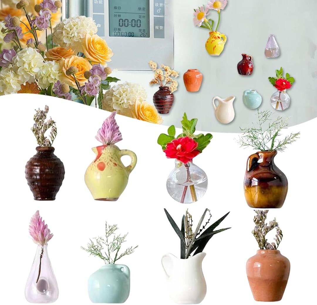 Mini Vase Magnets, Mini Ceramic Vase Magnets for Fridge, 3D Ceramic Flower Cute Plant Vases Fridge Magnet for Kitchen, Office Decoration (8pcs)